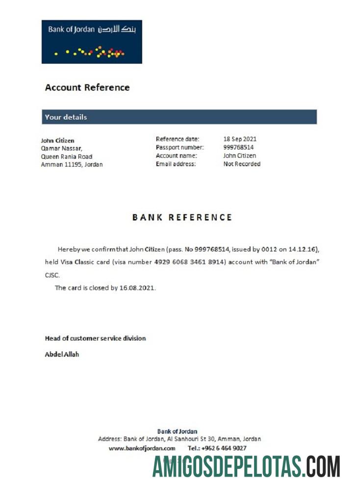 Referência de fechamento do Jordan Bank Of Jordan exemplo